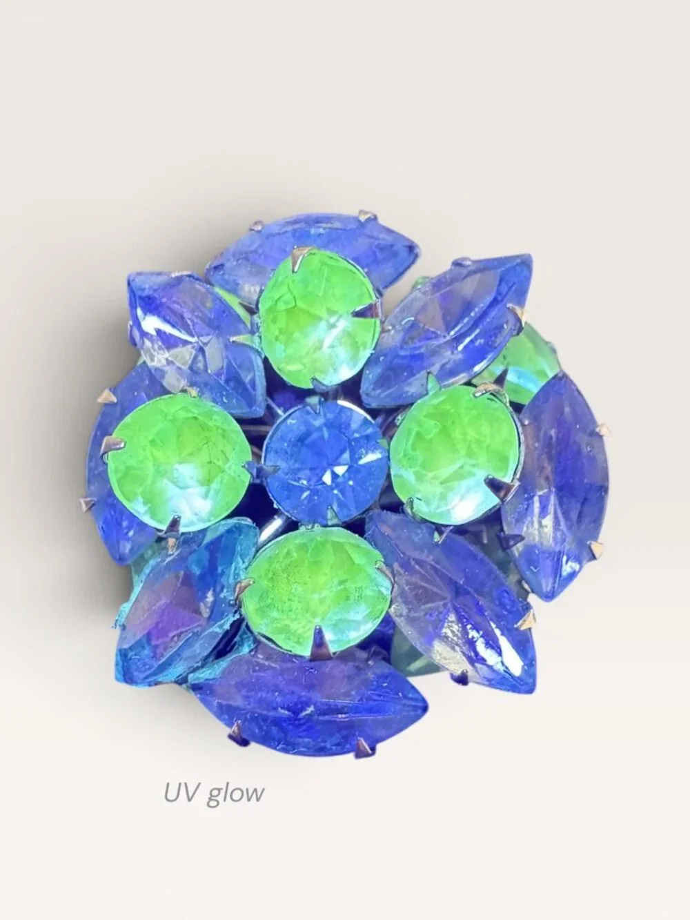 1950s Blue Glass Cluster Brooch Aqua UV Glow Uranium Glass Silver Tone Vintage